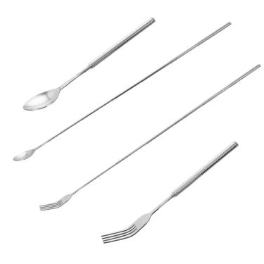 Imagem de Conjunto extensível de 4 peças, garfo e colher, garfo de jantar de extensão telescópica de aço inoxidável, garfo de sobremesa retrátil para churrasco, frutas para cozinhar, ao ar livre, piquenique
