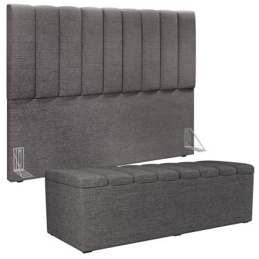 Imagem de Kit Cabeceira Cama Box Casal King 195cm Com Calçadeira Baú Dália W01 Linho Cinza Escuro - Lyam