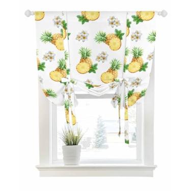 Imagem de Cortinas de amarrar para janelas, verão, aquarela, abacaxi, frutas, varão, bolso, amarrar, persiana, balão, ajustável, saia mini havaiana floral para quarto, cozinha, banheiro, persianas, 86 x 114 cm