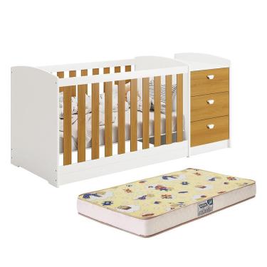 Imagem de Berço Americano Multifuncional Atlanta com Colchão Supreme - Reller Móveis Branco Fosco/Savana