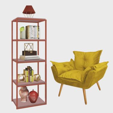 Imagem de Kit Poltrona Fatte com Estante Livreiro Ferro Bronze mdf Rose Suede Amarelo - Ahazzo Móveis