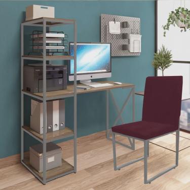 Imagem de Kit Escritório Mesa Max BeX 5 Prateleiras e Cadeira Stan Cinza Tampo Madeira Suede Bord...