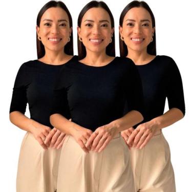Imagem de Kit 3 Blusas Feminina Manga 3/4 com Abertura nas Costas - Maranne, Kit