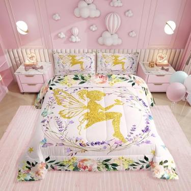 Imagem de Erosebridal Jogo de cama de solteiro, fada sonhadora, floral, jardim de fadas, para meninas e crianças, conjunto de cama com estampa de borboleta, linda princesa, decoração de quarto, 1 fronha