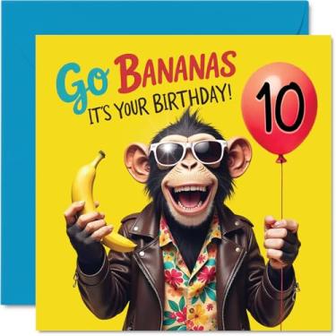 Imagem de Stuff4 Cartões de aniversário de 10 anos para meninas e meninos - Monkey Go Bananas It's Your Birthday! - Cartão Happy Bday para menina de 10 anos de idade menino sobrinha primo neto irmão, cartões