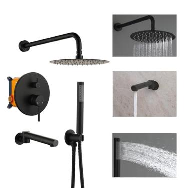 Imagem de Clihome Conjuntos de Torneiras de Chuveiro de 10" Completos com Bica de Banheira Giratória, Sistema de Chuveiro de Chuva com Chuveiro de Mão, Chuveiro Quadrado Fixo, Corpo de Válvu (, Preto Fosco)