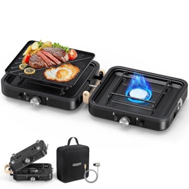 Imagem de OGERY Fogão de acampamento dobrável de 2 bocas com grelha (texturizado e suave) e bolsa de transporte, fogão de acampamento portátil a propano com 2 queimadores ajustáveis e ignição piezoelétrica,