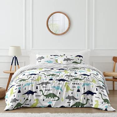 Imagem de Sweet Jojo Designs Conjunto de 3 peças azul-marinho e verde moderno dinossauro meninos ou meninas completo/Queen roupa de cama infantil adolescente