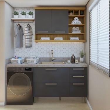 Imagem de Lavanderia Modulada Com Balcão E Armário Aéreo Com Nicho 100% Mdf Burguesa Amadeirado Freijó/grafite