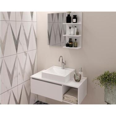 Imagem de Conjunto De Banheiro Balcão Suspenso Bn3601 S- Cuba 80cm E Armário C- Espelho Bn3608 Branco - Tecno Mobili