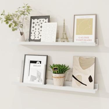 Imagem de Fun Memories Prateleira Para Fotos, Conjunto De 2 Prateleiras Flutuantes, 24" Madeira Maciça Guardar Livros Infantis, Estante Decoração Sala Estar, Quarto, Porta-Retratos, Branco