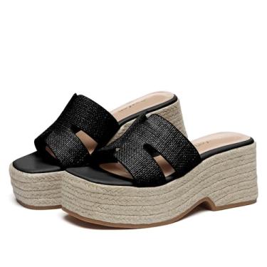Imagem de Gorfen Sandálias Femininas De Plataforma Espadrille, Calçados Praia Sem Cadarço Com Bico Aberto Para O Verão E Casual, Pretas, Tamanho 10