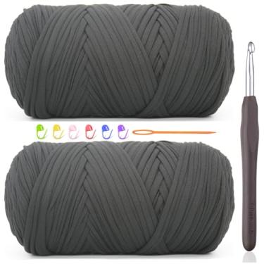 Imagem de 2 fios de camiseta de 400 g para crochê, camiseta preta grossa de tecido elástico grosso para iniciantes em crochê, bolsa de tricô à mão, cesta, porta-copos, artesanato faça você mesmo/decoração de