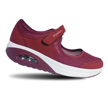 Imagem de YSMIIH Tênis feminino Walking Mary Jane Wedges confortável com gancho e laço para enfermeira casual, Vermelho, 39