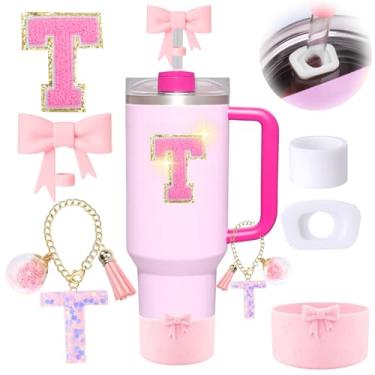 Imagem de 6 peças de acessórios rosa para copo Stanley, decorações para copo de 30/1,134 g com alça, inclui tampa e bota de cobertura de palha de laço, pingente de iniciais, adesivo de letra, tampa à prova de