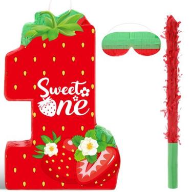 Imagem de 1º aniversário de Piñata Aoriher Strawberry com palito e confete