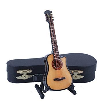 Imagem de Dselvgvu Miniatura De Guitarra Madeira Com Suporte E Estojo Mini Instrumento Musical Acústico Réplica Colecionável Modelo Estatueta Para Decoração Casa Ornamento Exibição (Cor Madeira, 13,8 Cm X 4,6