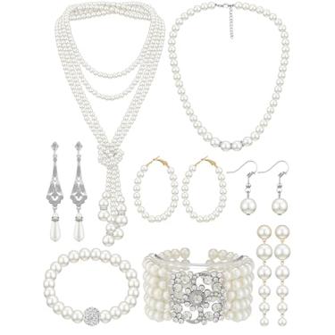 Imagem de BBTO Conjunto de 8 peças de colar e brincos de pérolas para mulheres, pulseiras de pérolas falsas, conjunto de bijuterias para presente de casamento, festa de aniversário (estilo clássico)