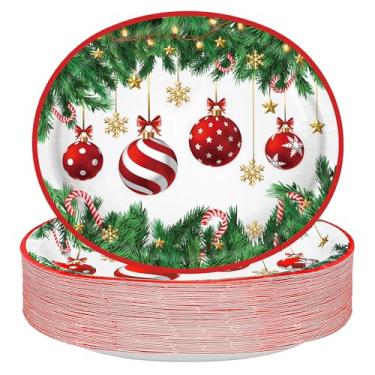 Imagem de Pratos de papel de Natal descartáveis de bola de Natal pratos ovais de festa 25,4 x 30,5 cm Pratos grandes de servir para jantar de Natal para decoração de mesa de jantar, 50 peças