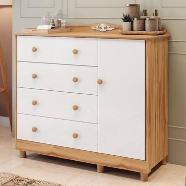 Imagem de Cômoda Infantil Elô New 1 Porta E 4 Gavetas Branco Brilho/amêndoa - Móveis Peroba Branco