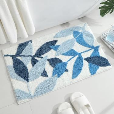 Imagem de Gibelle Tapete de banheiro azul, tapete de banho de microfibra antiderrapante forte absorvente de água, lavável à máquina, tapete de banheiro com folhas fofas, tapete de banho para interior, 51 x 81
