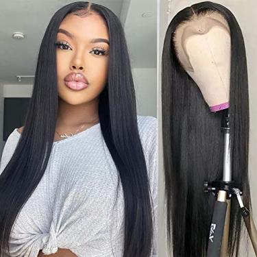 Imagem de UNANCY Perucas frontais de renda reta, cabelo humano pré-arrancado, sem cola, densidade 13 × 4 HD, perucas transparentes para mulheres, cabelo humano com cabelo de bebê, cor natural (81 cm)