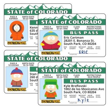 Imagem de Miami Graphic Solutions South Park Bus Pass & Driver License | Double Sided Gag Card | Costume Accessory & Prank Gift | Funny Fake ID for Cosplay, Halloween or Collectors (4 Pack)