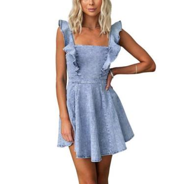 Imagem de Vestido jeans utcoco com babados, alça ajustável, sem mangas, feminino