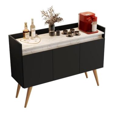 Imagem de Aparador Buffet Gold Marmorizado 3 Portas Pés Madeira Maciça Preto/marmore Branco