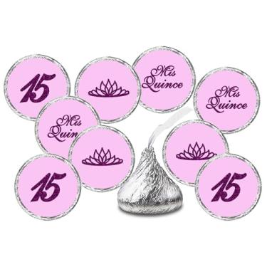 Imagem de Adesivos de beijos roxos de aniversário Mis Quince (conjunto de 216), etiquetas de gotas de chocolate de quinze anos, 15 lembrancinhas de decoração de festa para beijos. Feito nos EUA.