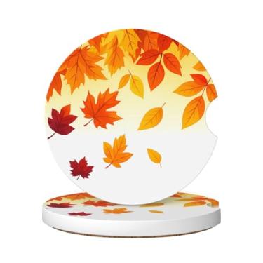 Imagem de Neukim Pacote com 2 porta-copos de carro de folha caindo vermelho laranja, 6 cm, folhas de bordo, porta-copos absorventes de cerâmica antiderrapante com base de cortiça e entalhe de dedo, acessórios