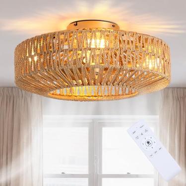 Imagem de Bewishing Lustre de vime Boho de 50.8 cm com luz e controle remoto - montagem embutida de perfil baixo, ventilador de teto fechado em gaiola, 6 velocidades reversível para quarto/sala de estar
