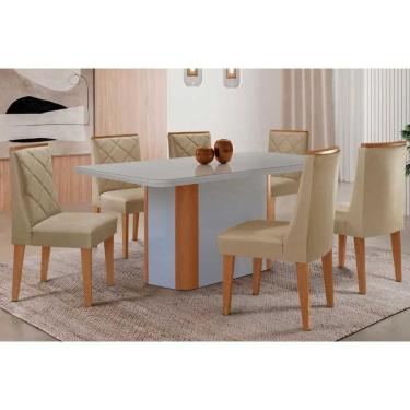 Imagem de Conjunto Sala de Jantar Pietá c/ Tampo Madeirado c/ Vidro Canto Curvo 180x90cm e 6 Cadeiras Pietá Madeira Maciça Naturale/Off White - Capuccino/Linho 