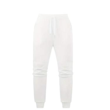 Imagem de calça em moletom peluciado branca sem bolsos com cordão de ajuste e ba