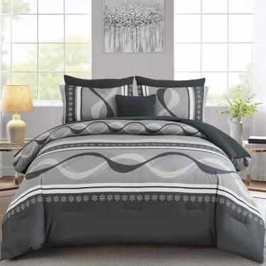 Imagem de Anibedding Conjunto de edredom cinza, tamanho Queen, 8 peças, cama em um saco, listrado, boêmio, microfibra macia, conjunto de cama para todas as estações (228 cm x 224 cm)