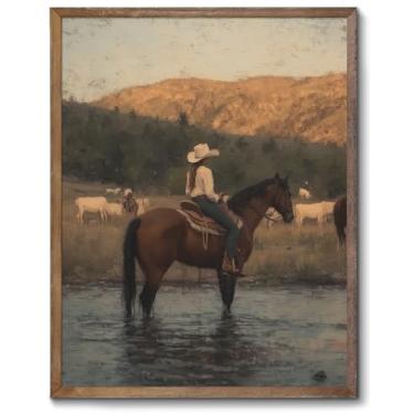 Imagem de XOCUUI Arte de parede Western Cowgirl montando cavalo, pintura a óleo vintage cowgirl, tela antiga vaqueira ocidental, pintura de paisagem do campo do pôr do sol para sala de estar quarto 20 x 25 sem