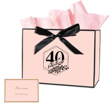Imagem de Bolsa de presente grande de 40 anos, com cartão e papel de seda para homens e mulheres, sacos de presente personalizados de 33 cm, sacos de presente de aniversário de 40 anos para decorações de