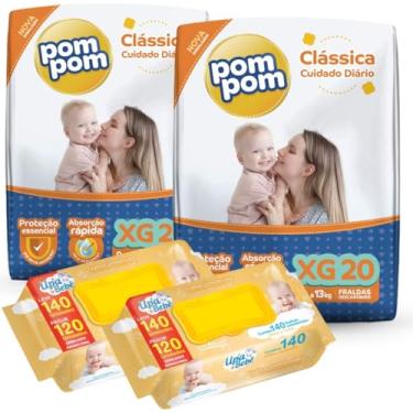Imagem de Kit 02 Pacotes Fraldas Descartáveis PomPom P M G XG + 280un Lenços Toalhas Umedecidos para Bebê UPA (X-Grande)
