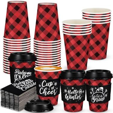 Imagem de Layhit 24 peças de xícaras de café xadrez de búfalo de Natal descartáveis com tampas de 350 g para suprimentos de festa de cacau quente de inverno e Natal (preto e vermelho, 473 ml)