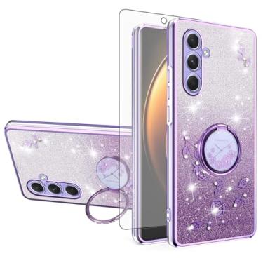 Imagem de Asuwish Capa de celular para Samsung Galaxy A54 5G com protetor de tela de vidro temperado suporte de anel com glitter transparente híbrido à prova de choque TPU capa protetora A545G A 54 54A 4G G5 SM