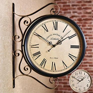 Imagem de EHVYBDX Relógio de parede de jardim ao ar livre, relógio retrô de ferro forjado, estação dupla face, relógio de jardim, rotação, impermeável, relógio externo, decorativo, relógio externo