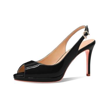 Imagem de Wrynthevia Sandália feminina de couro envernizado com salto alto plataforma Peep Toe com fivela ajustável, elegante salto agulha para vestido e festa de escritório, Preto, 37