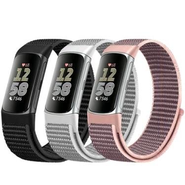 Imagem de Koazon Pacote com 3 pulseiras de relógio de nylon com gancho e laço compatíveis com Fitbit Charge 6/Charge 5, pulseira esportiva macia, leve, respirável e ajustável para Charge 6/5, acessório para