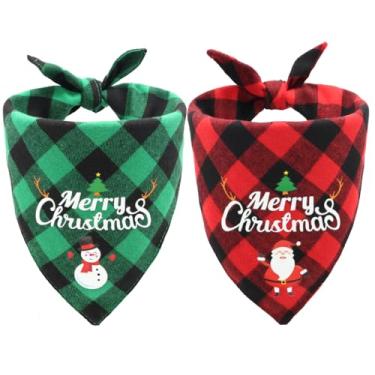 Imagem de CozyHaus Bandanas de Natal para cães, 2 peças, GG, cachecol xadrez clássico com estampa de Papai Noel e boneco de neve, roupa de inverno para meninos e meninas, fantasia de cachorro xadrez vermelho e