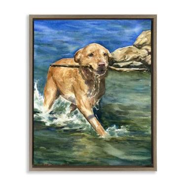 Imagem de Stupell Industries Arte de parede em tela flutuante de labrador feliz com bastão preto, design de George Dyachenko, 53 x 43 cm