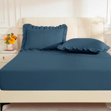 Imagem de KKJIAF Lençol Queen com 2 fronhas de babados, microfibra escovada com bolso profundo de 40,6 cm, lençóis de cama respiráveis confortáveis, azul escuro (sem lençol de cima)