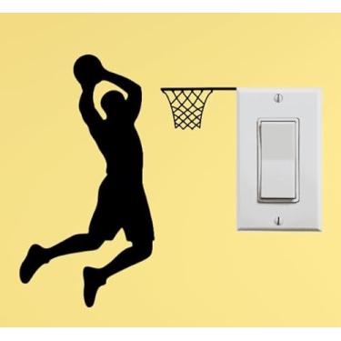 Imagem de AK - Slam Dunk Basketball Two Handed Player Dunking on Light Switch | Perfeito para adesivo decalque de parede para quarto de crianças | Decoração de janela | Tamanho 12,7 cm (preto) (Dunk de duas