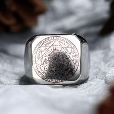 Imagem de Anel de aço inoxidável da Cabala Salomão –Talismã com selo dos sete arcanjos – Joias duráveis e simbólicas para a tutela espiritual, Aço inoxidável, Sem pedra preciosa