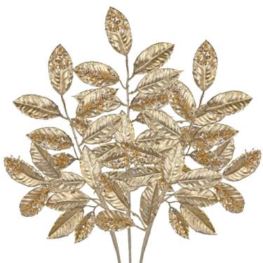 Imagem de DILATATA 3 peças de folhas de louro de Natal douradas com lantejoulas 50 cm folhas de louro artificiais com glitter para árvore de Natal, galhos metálicos, faça você mesmo, guirlanda de Natal, vaso