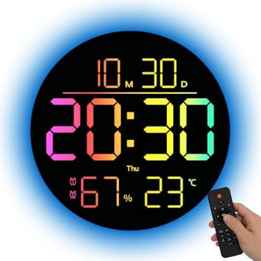 Imagem de Relógio de parede digital LED RGB de 25 cm com exibição de temperatura, umidade e data | Alarmes duplos, temporizador de contagem regressiva, 11 cores de luz de fundo, brilho automático, operação